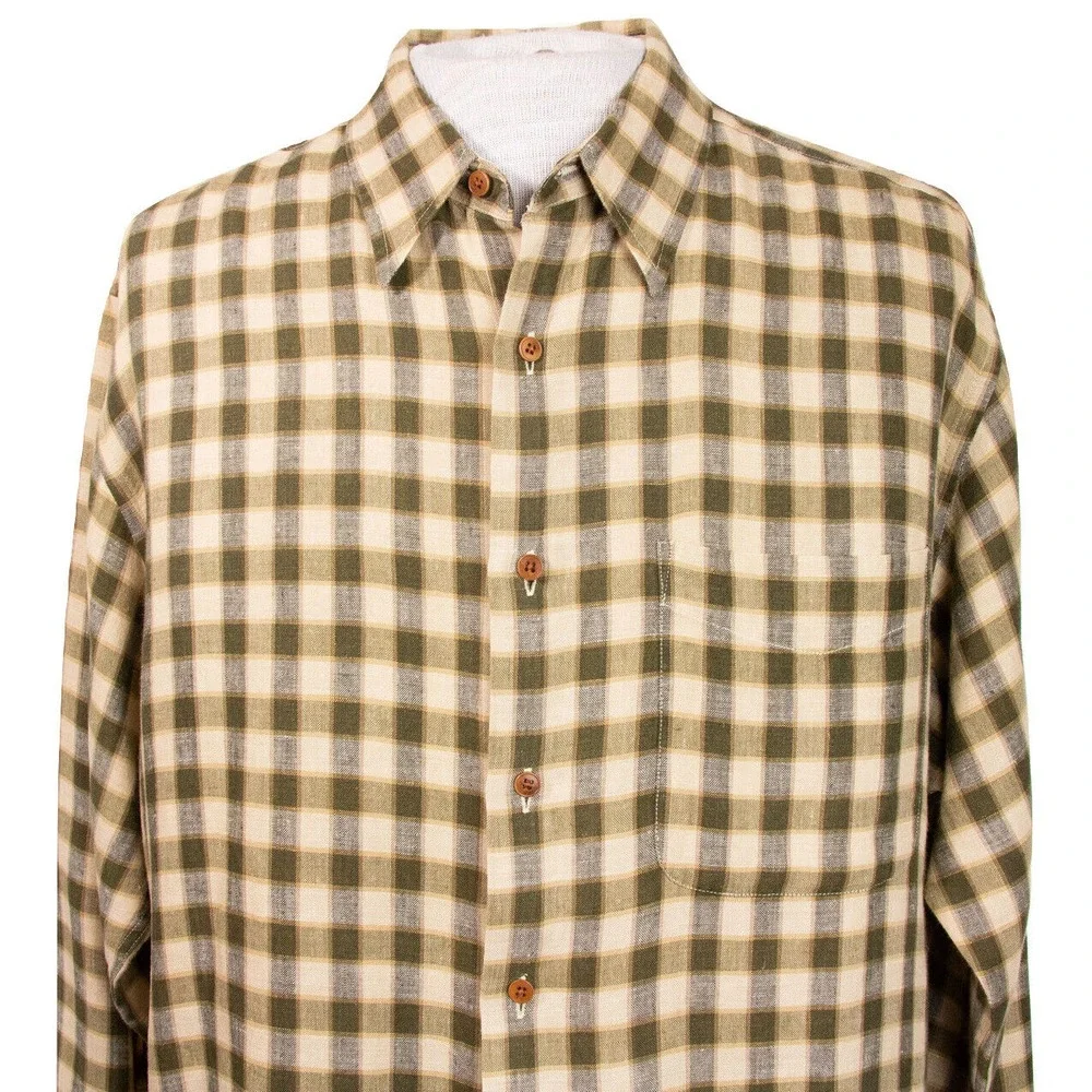 J Crew 100% Linen Mens L Brown Plaid Check LS Button Front‎ Shirt
